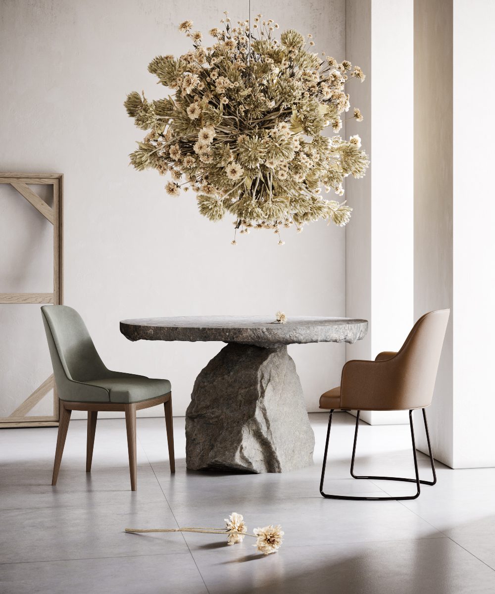 2022 Anna dining chair A charming dining room with dining chairs, featuring a flower suspended from the ceiling for a touch of elegance.