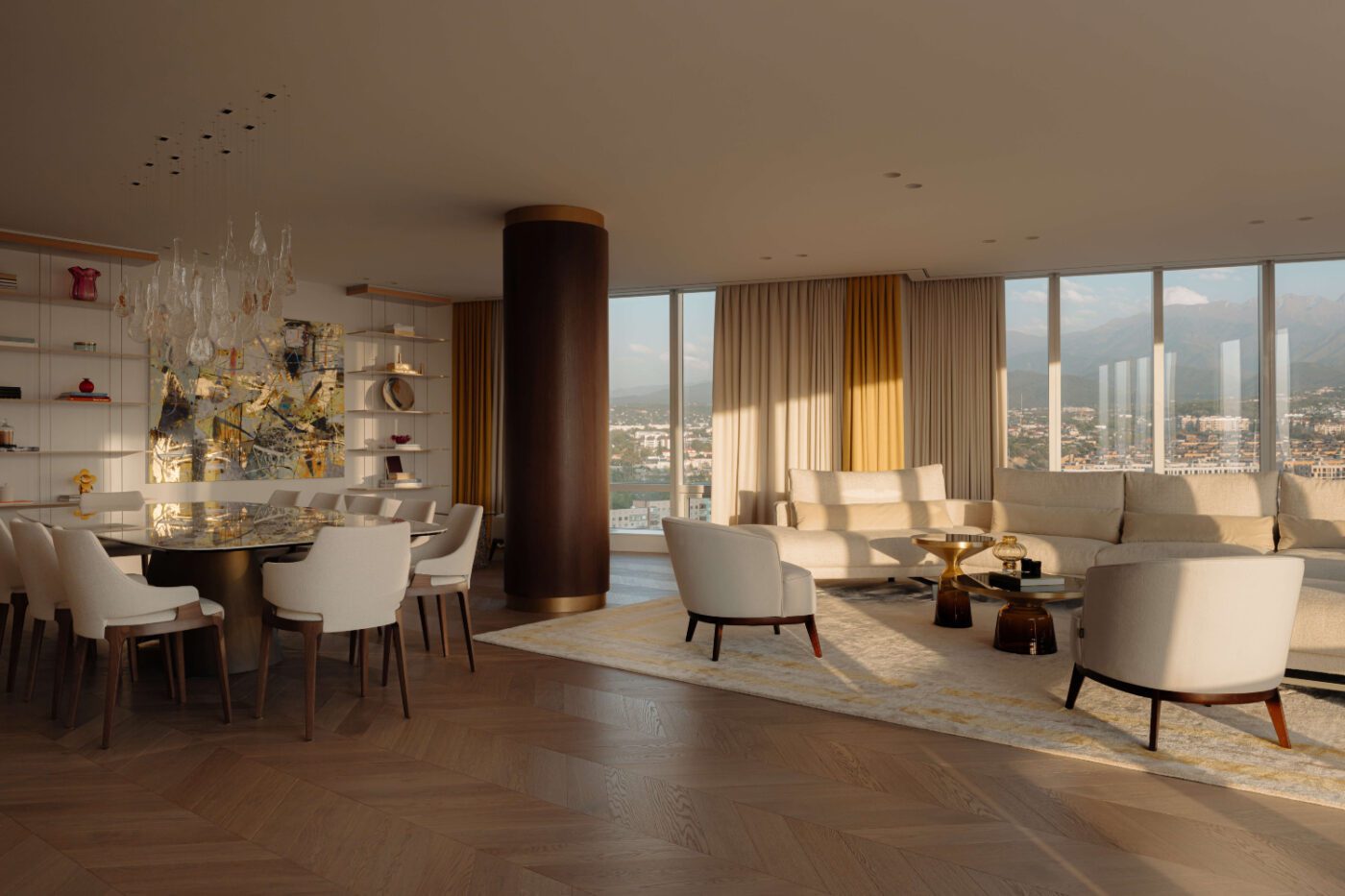 AKKA Interiors x Mart Goossens 20241025-42 A contemporary living room adorned with modern decor, offering a stunning view of the cityscape outside. Project by Akka Interiors.