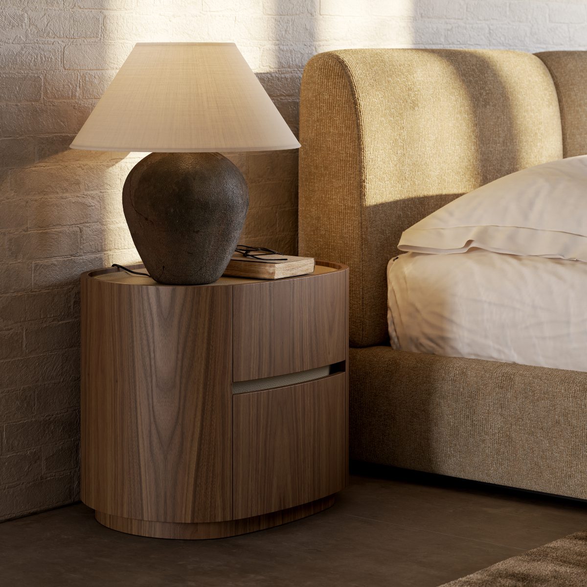 Adeline bedside table and margot plus bed A stylish bed accompanied by a lamp on a bedside table, enhancing the bedroom design with comfort and functionality.