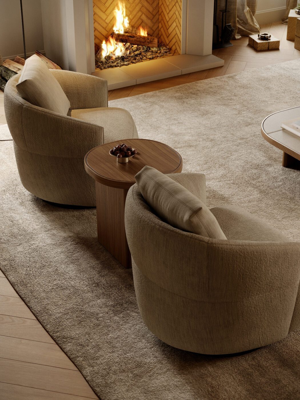 Alice Armchair - Christmas Living Room An elegant living roomwith the spirit of the season with two stylish chairs flanking a charming fireplace, enhancing the space's warmth and comfort.