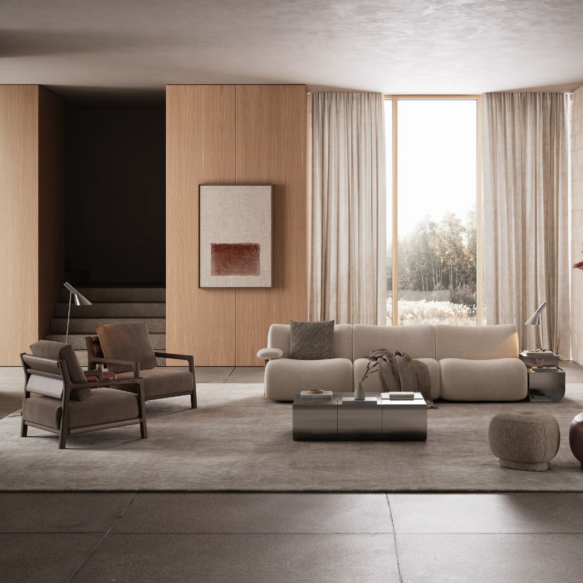 A bright living room showcasing a large window and elegant wooden walls, enhancing the room's warmth and comfort.