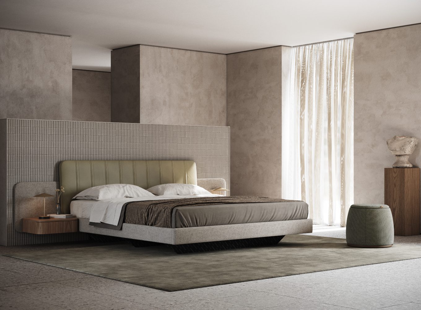 Amanda Bed and Avery Pouf A stylish modern bedroom with an accent bed with a statement headboard and a trendy pouf, ideal for unwinding after a long day.