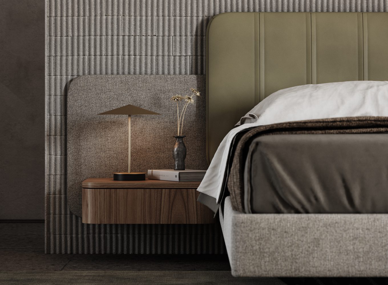 Amanda Bed headboard A comfortable bed featuring a statement headboard, accompanied by a integrated nightstand for nighttime essentials.