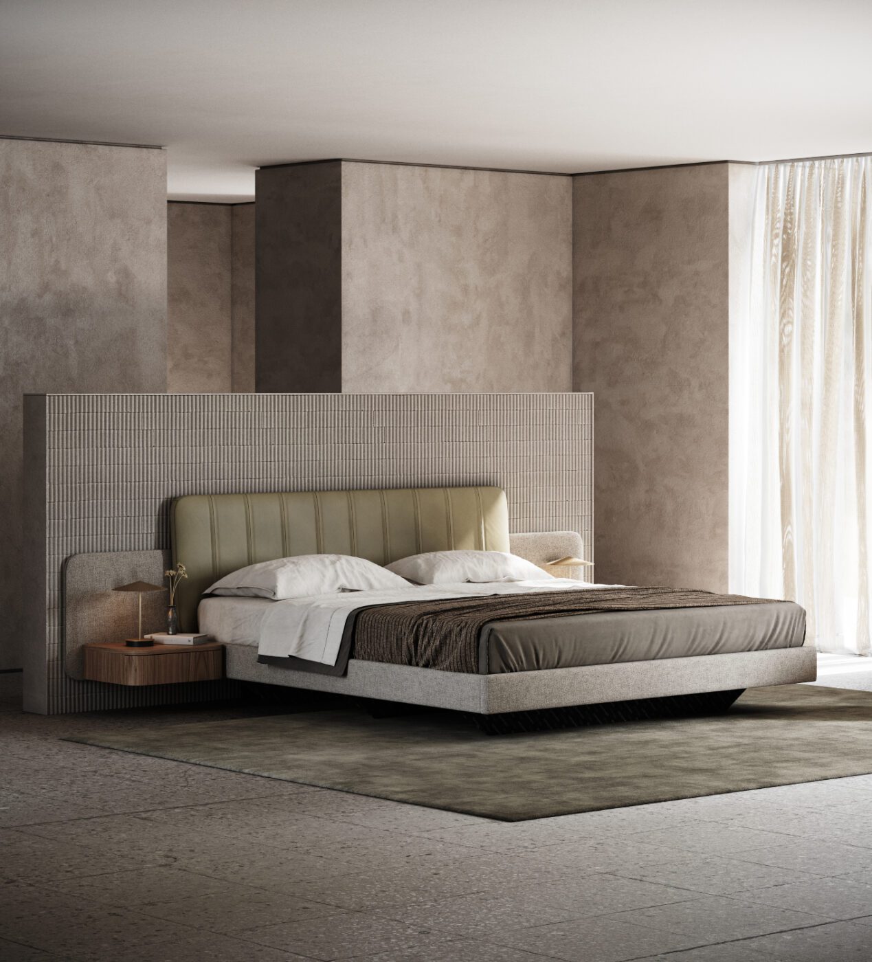 Amanda bed bedroom ambiance A contemporary bedroom showcasing a comfortable bed with a statement headboard and a integrated nightstand for a stylish touch.