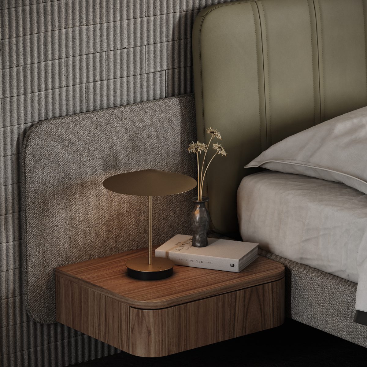 Amanda bed headboard and nightstand A contemporary bedroom showcasing a comfortable bed with a statement headboard and a chic pouf, creating a serene and inviting atmosphere.