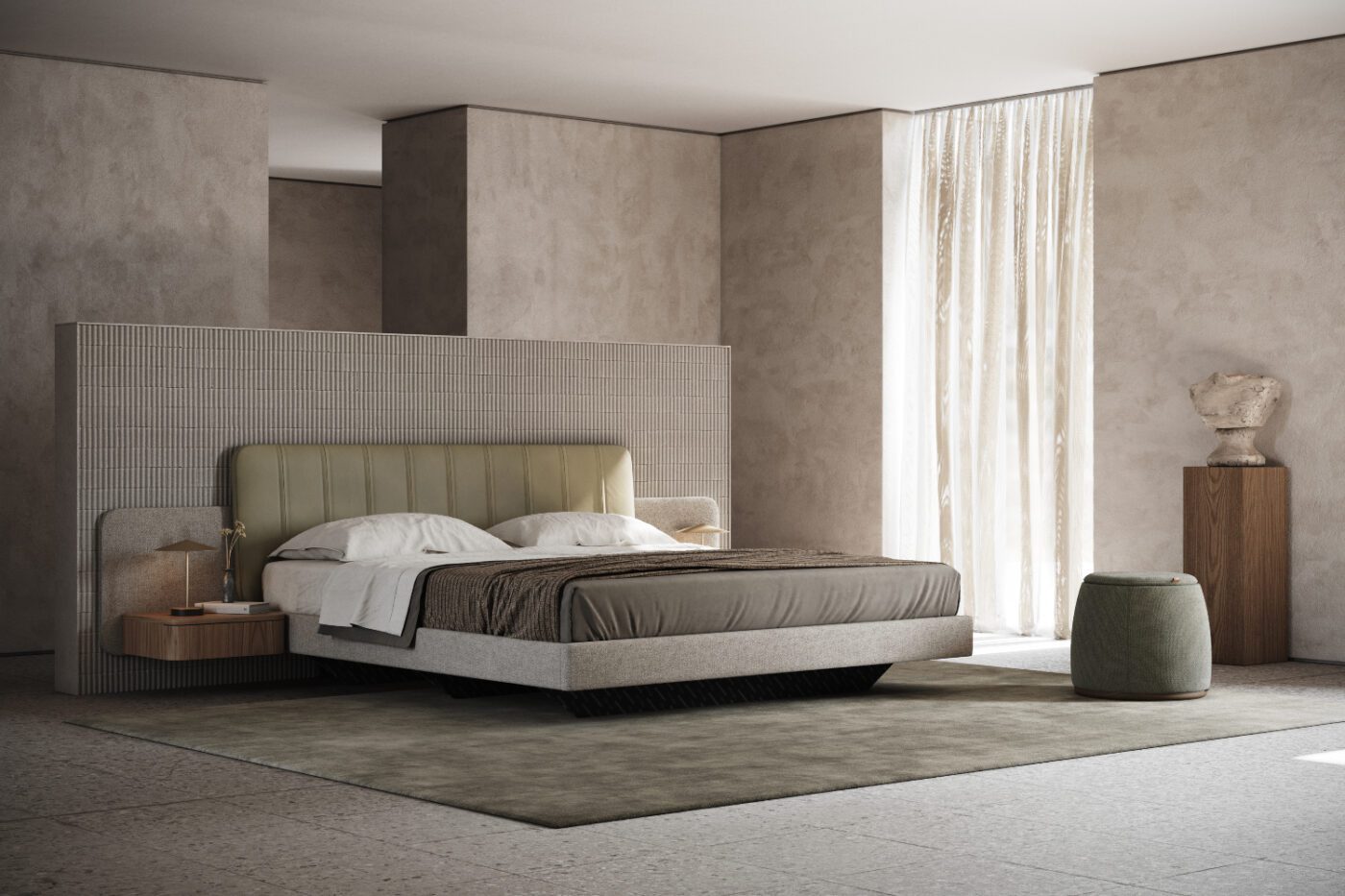 Amanda bed in a bedroom set with Avery Pouf A contemporary bedroom showcasing a cosy bed in neutral tones, a sleek nightstand, and a lamp for soft lighting. At the corner of the bed is Avery pouf, a functional piece, which matches the bedroom trends for 2025.