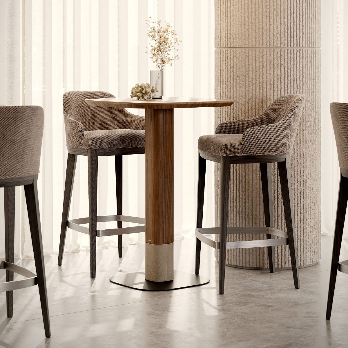 Anna bar chair and Adam bar tables Two sleek bar stools arranged in front of a bar table, ideal for socialising or enjoying a meal. With contrasting materials such as wood, leather and steel.