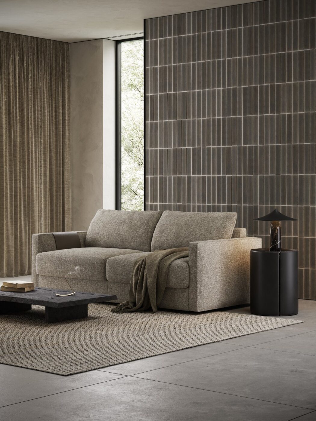 Beaumont Sofa Bed Living room with Beaumont Sofa Bed, a sofa that it turns easily into a bed. With a side table in leather, the Mano Side Table. The ambiance is in neutral and dark colours.