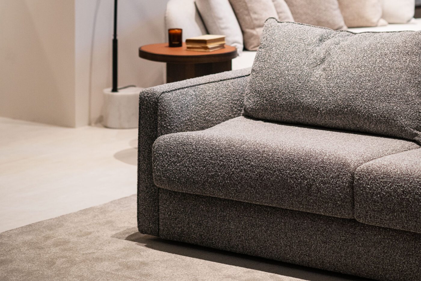 Beaumont Sofa in grey Beaumont sofa in a grey fabric and boucle fabric.