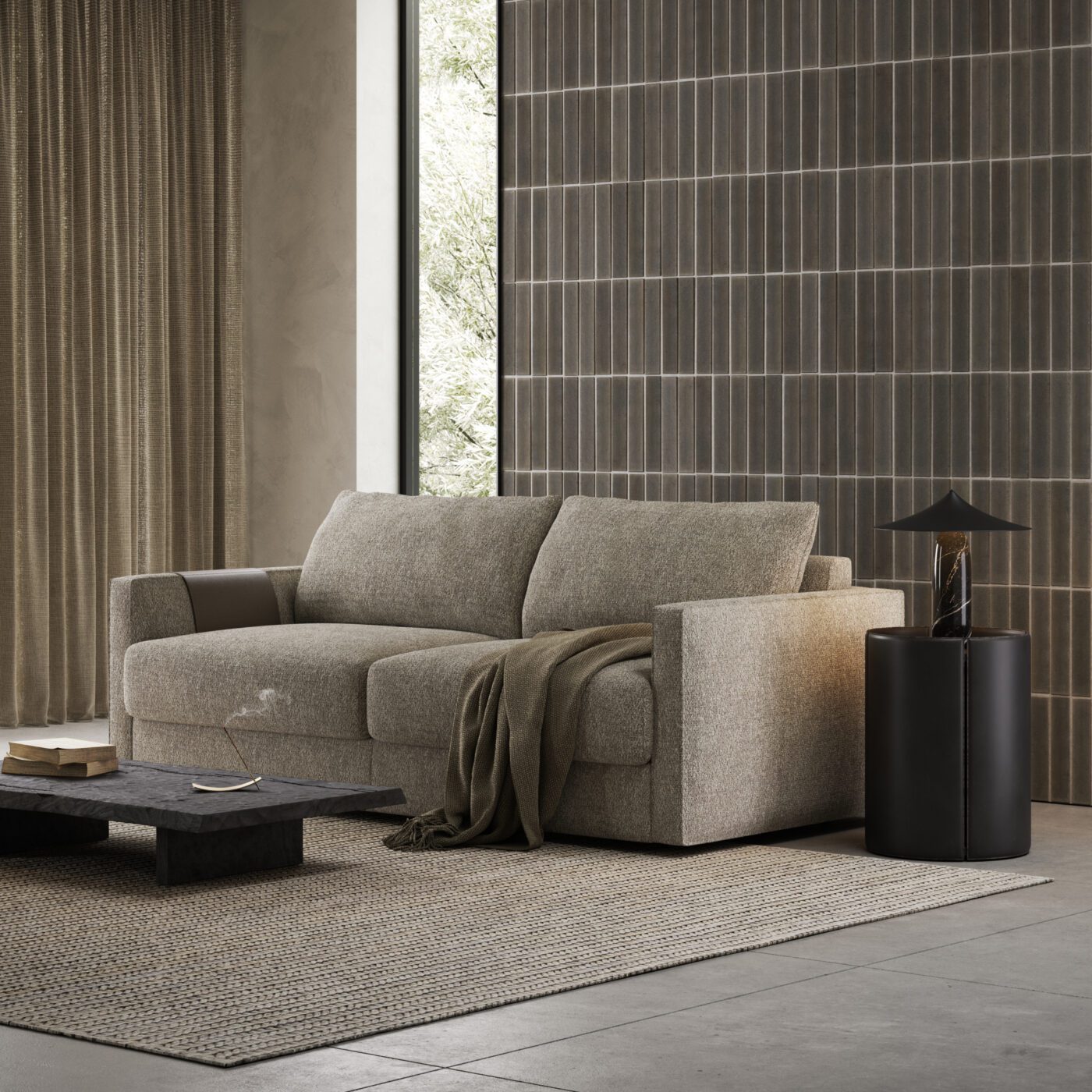 Beaumont sofa bed closed (1) Modern living room showcasing a comfortable sofa bed paired with a chic coffee table, perfect for relaxation. It adapts to the 2025 interior design trends.