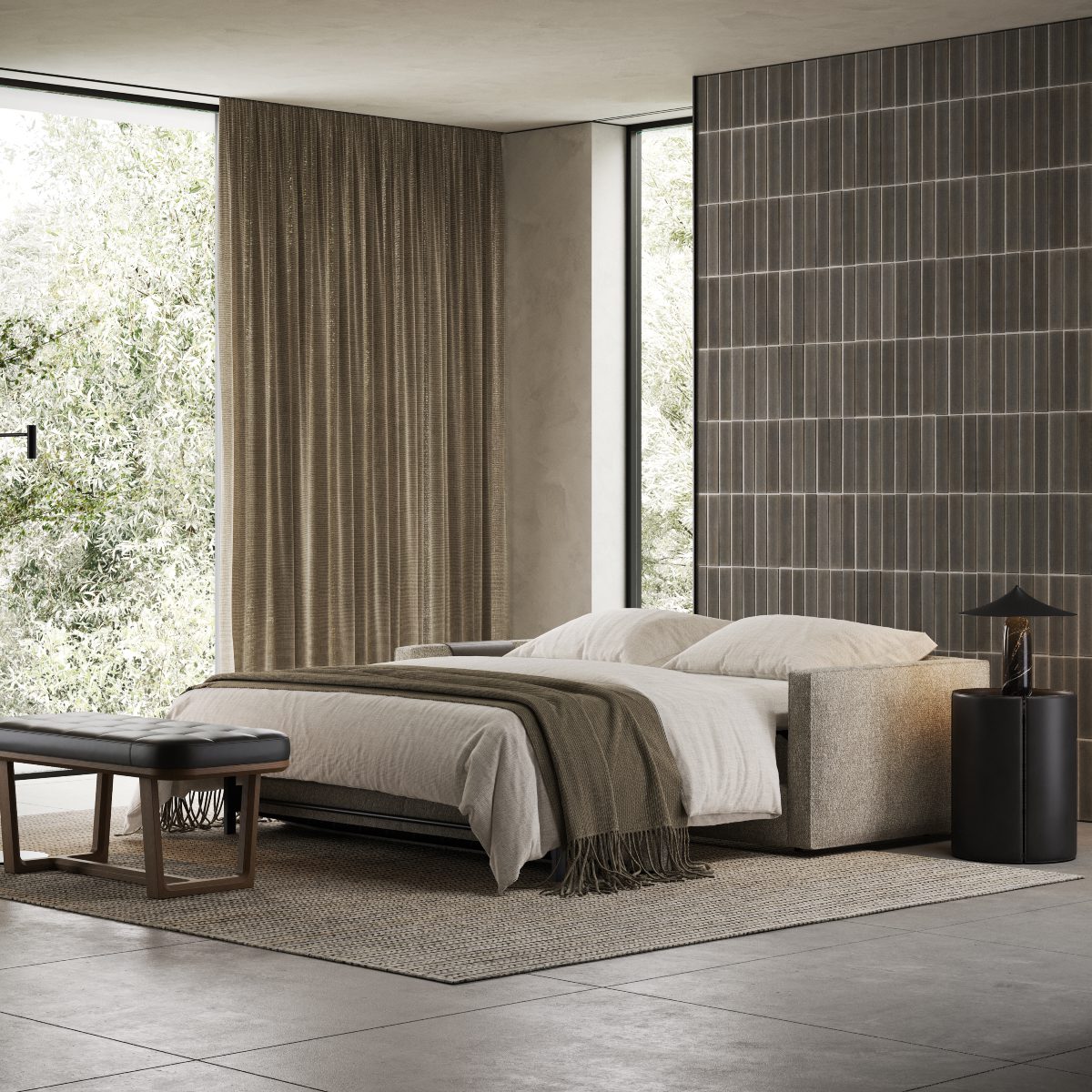 Beaumont sofa bed open A lagom and modern bedroom with a cosy sofa bed, a minimalist side table, and a window that fills the room with light.