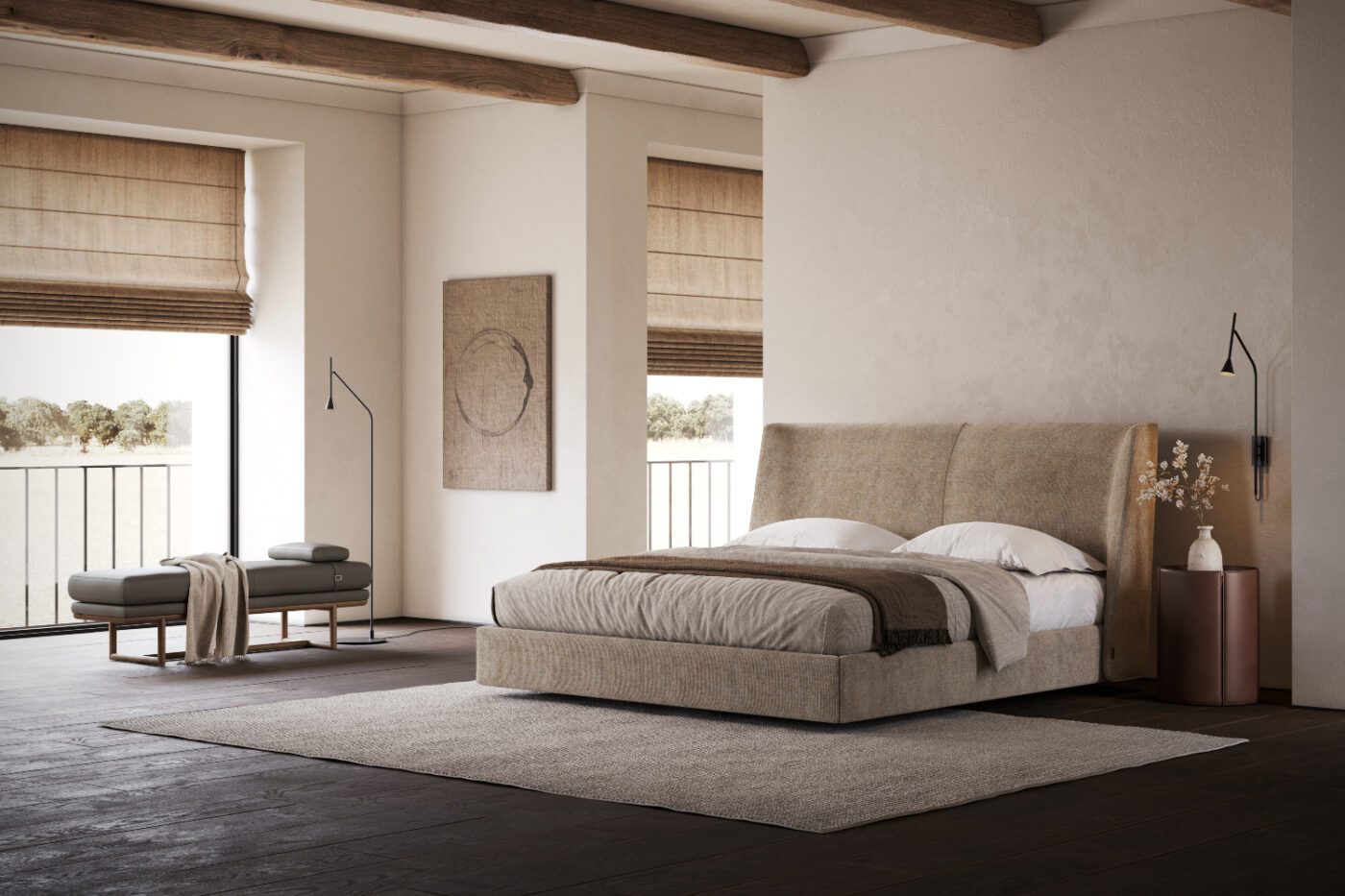 Bedroom in neutral tones with Henry Bench and Echo Bed A serene bedroom scene showcasing a bed, a chair, a bench and a window with sunlight streaming in. Neutral tones and organic textures are bedrom trends for 2025.