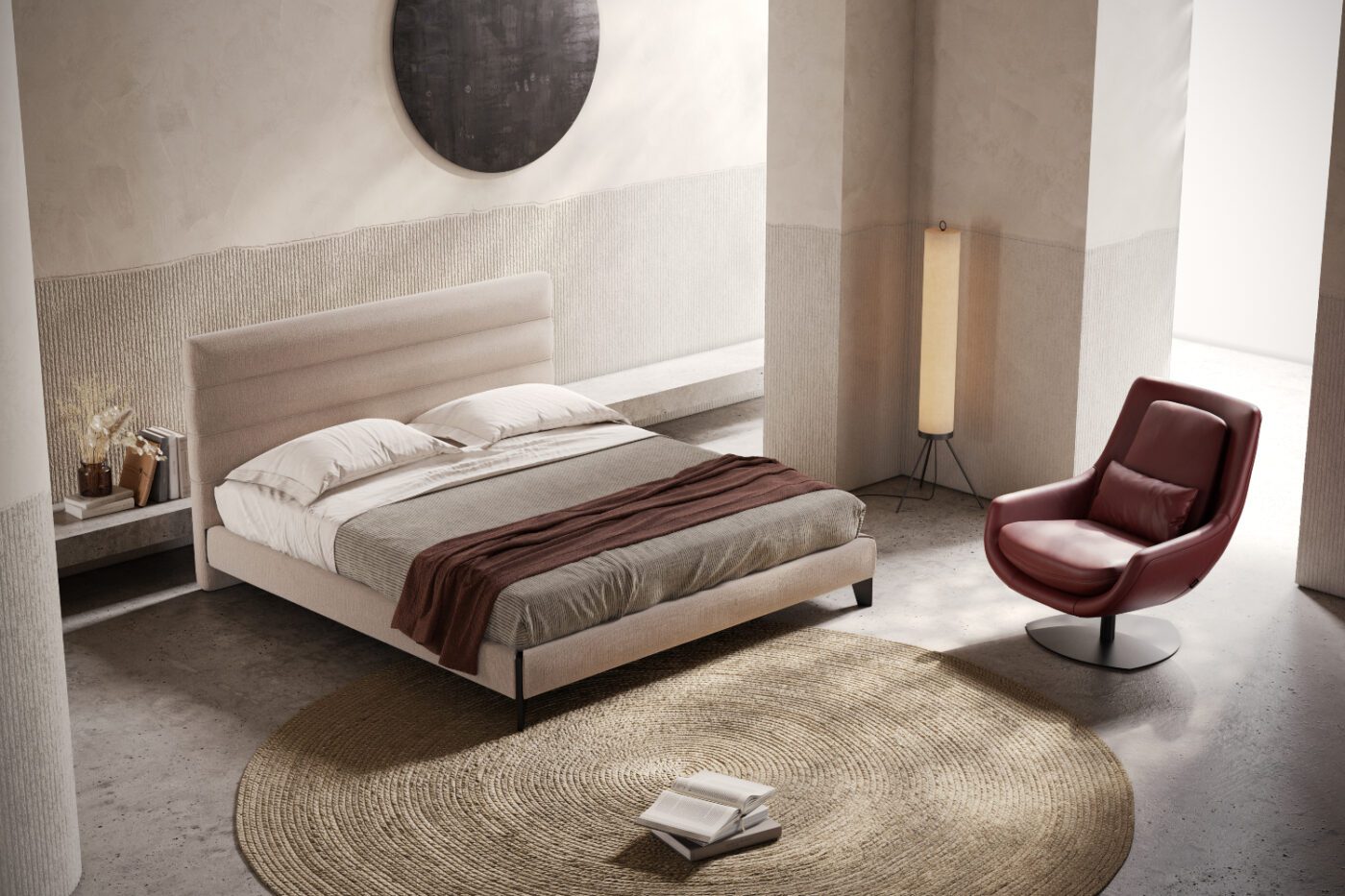 Bedroom in pink tone with Yumi Bed and Elba Armchair Bedroom in pink tones with a bed in light pink and Elba Armchair in red leather. With a round rug on the centre of the bedroom. The pieces are high-quality and sustainable, one of the bedroom trends for 2025.