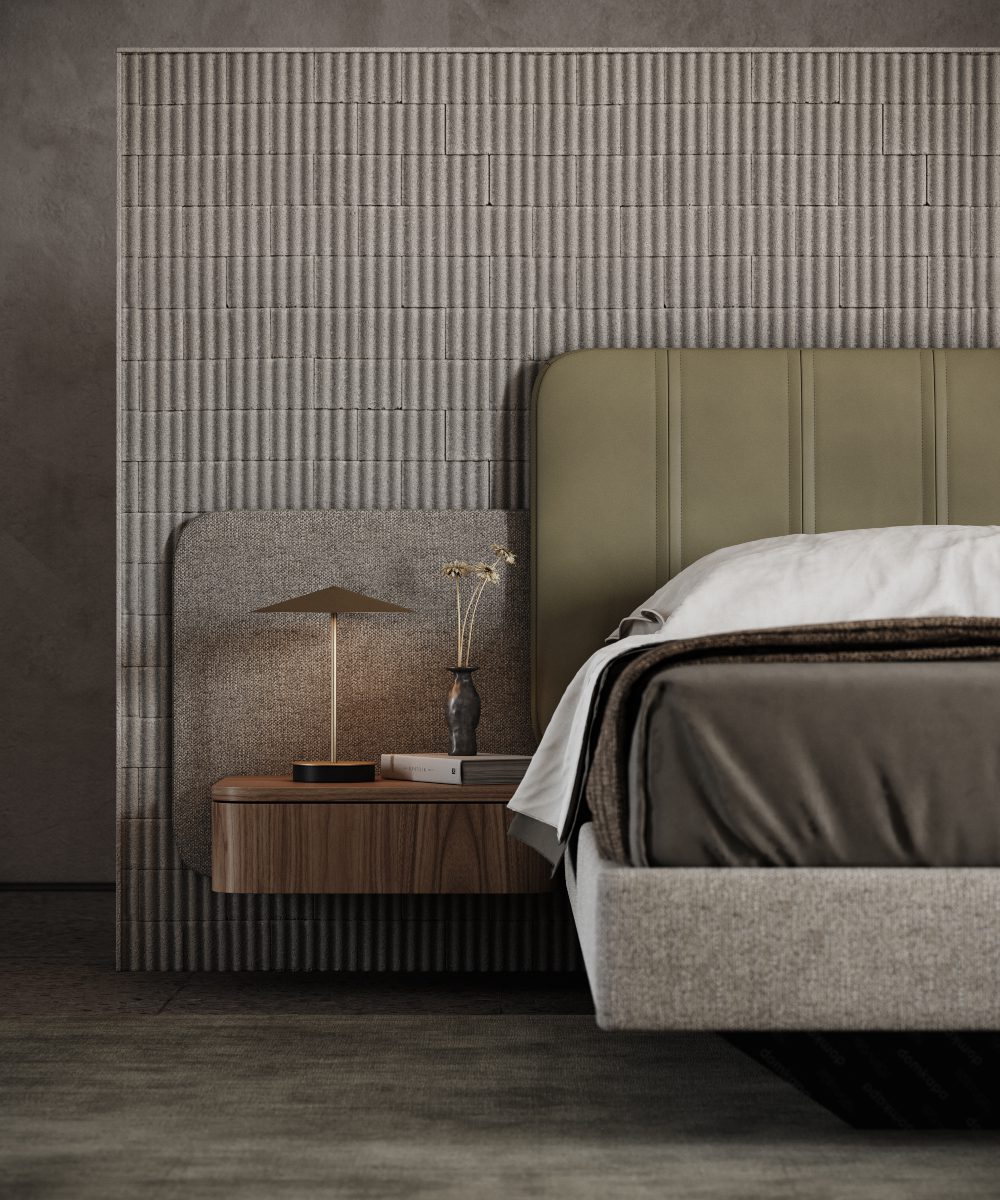 Bedroom with Amanda Bed Hygge Bedroom with bed with upholstered headboard and two side tables in wood. The side tables have a small table lamp.