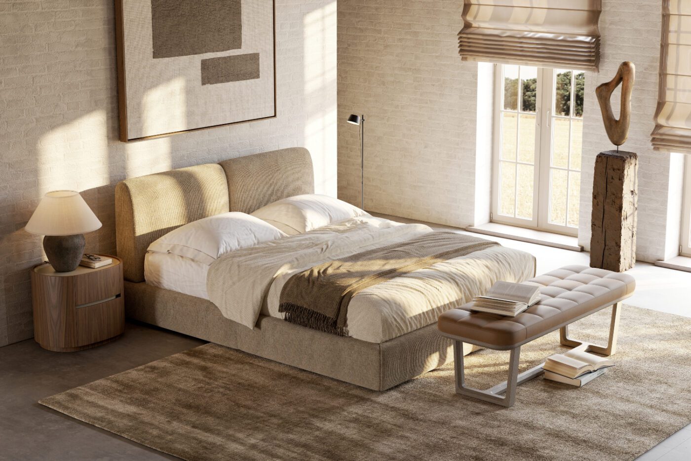 Bedroom with upholstered Margot Bed and Adeline bedside tables A simple bedroom with a neatly made bed, a wooden table beside it, and a window offering a view outside.