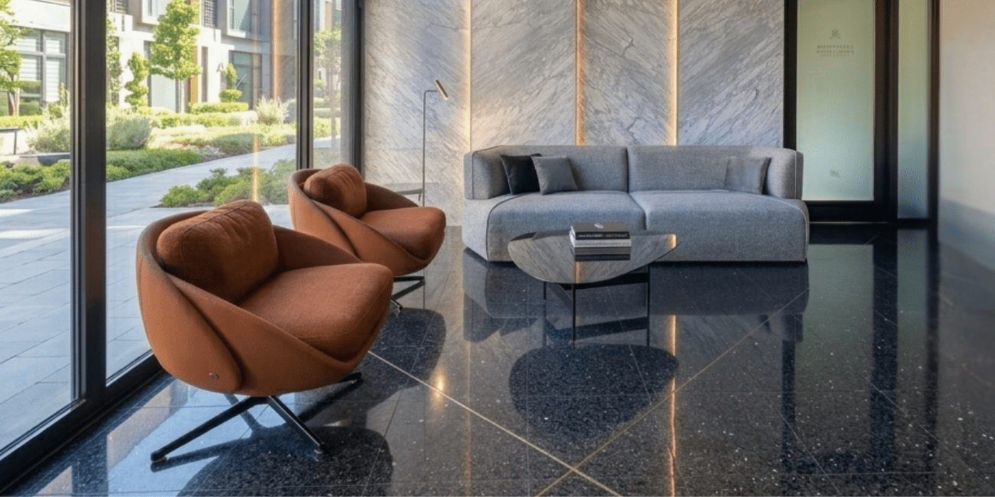 Modern living room with a gray sofa, two rust-colored swivel chairs, a sleek glass table, and marble wall panels with vertical lighting accents. By Tres Más Dos