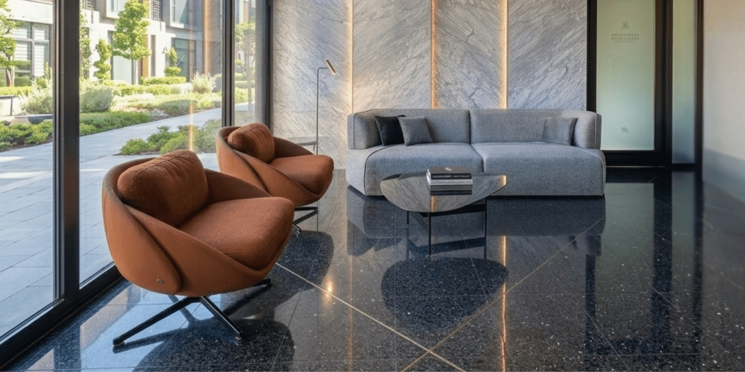 Modern living room with a gray sofa, two rust-colored swivel chairs, a sleek glass table, and marble wall panels with vertical lighting accents. By Tres Más Dos