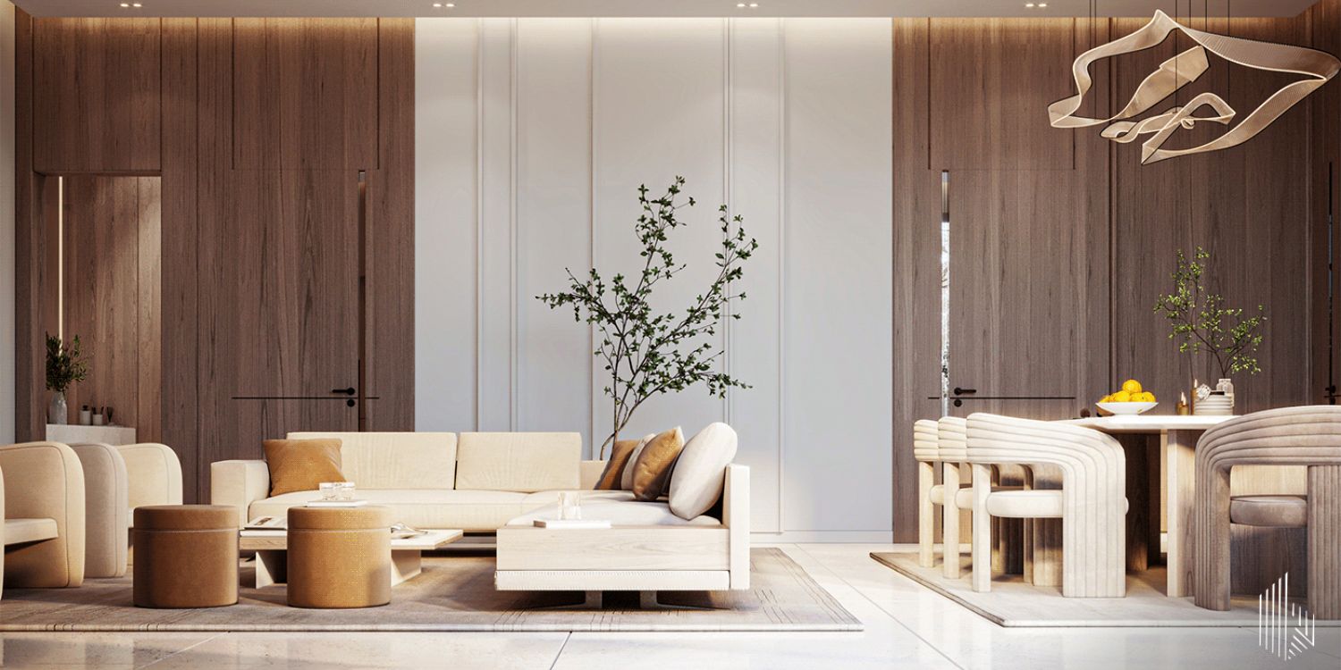 Modern living room showcasing sleek white furniture complemented by rich wooden paneling, exuding sophistication and comfort. By Bold, an interior design firm from middle east.