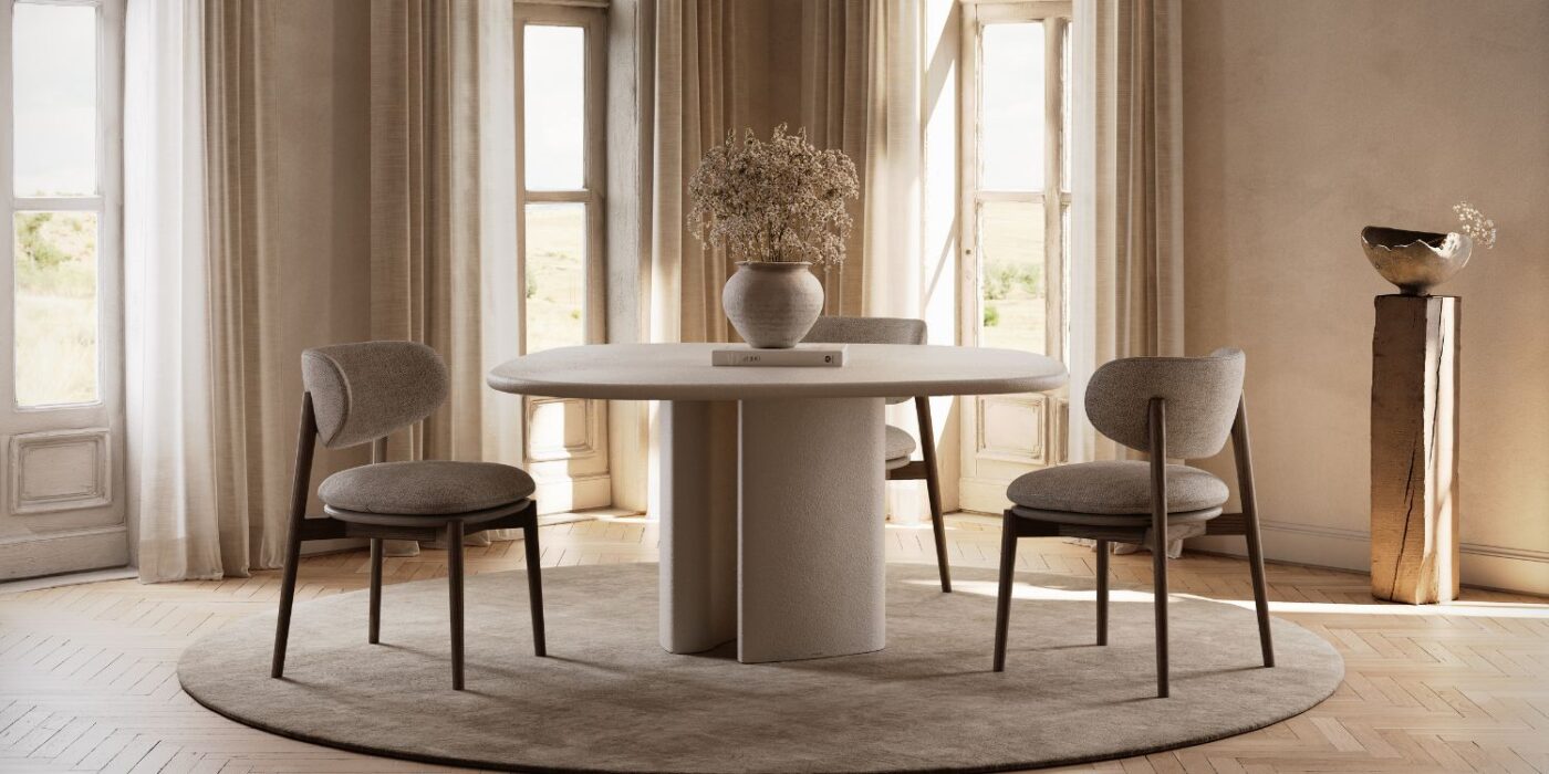 Harvey dining chair by domkapa A round dining table with three dining chairs and a vase placed in the middle.