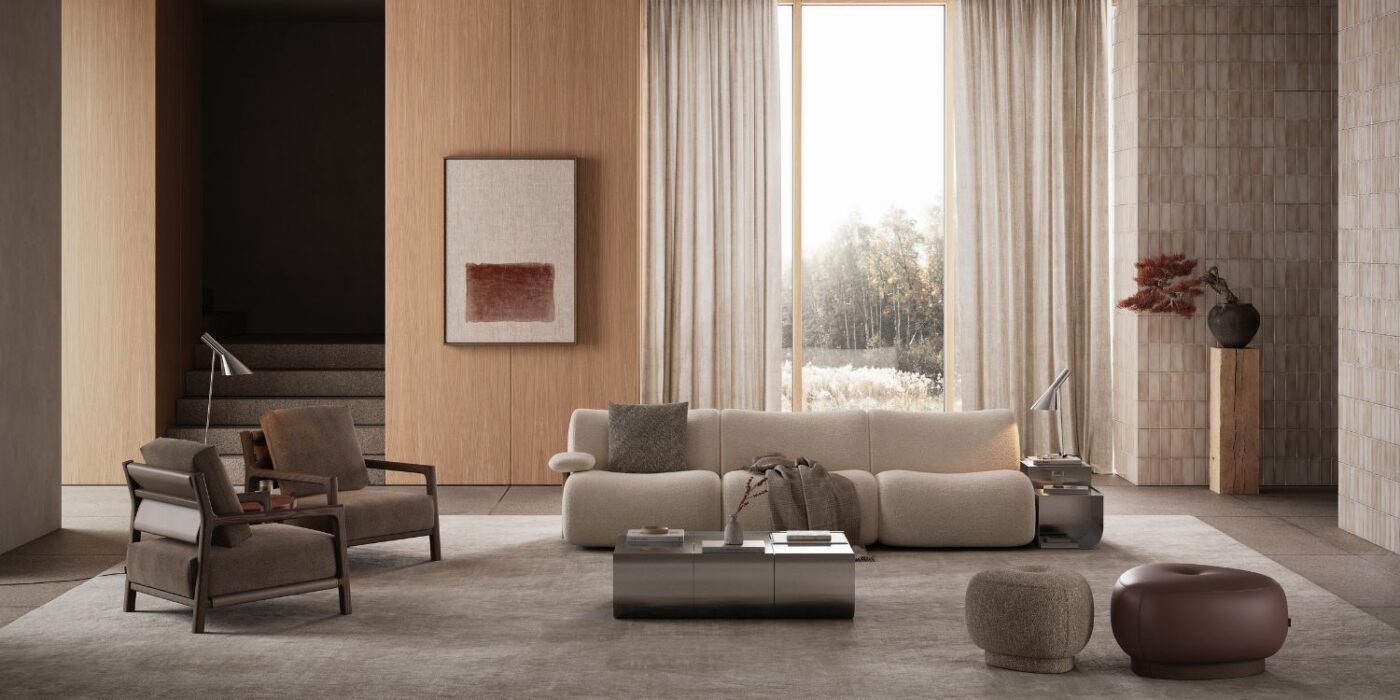 Blog Featured Image - 2026-09-10T115426.736 Midiminimalism in a living room with neutral wamr tones. With a modular sofa, two similar poufs, two identical armchairs and a table set.