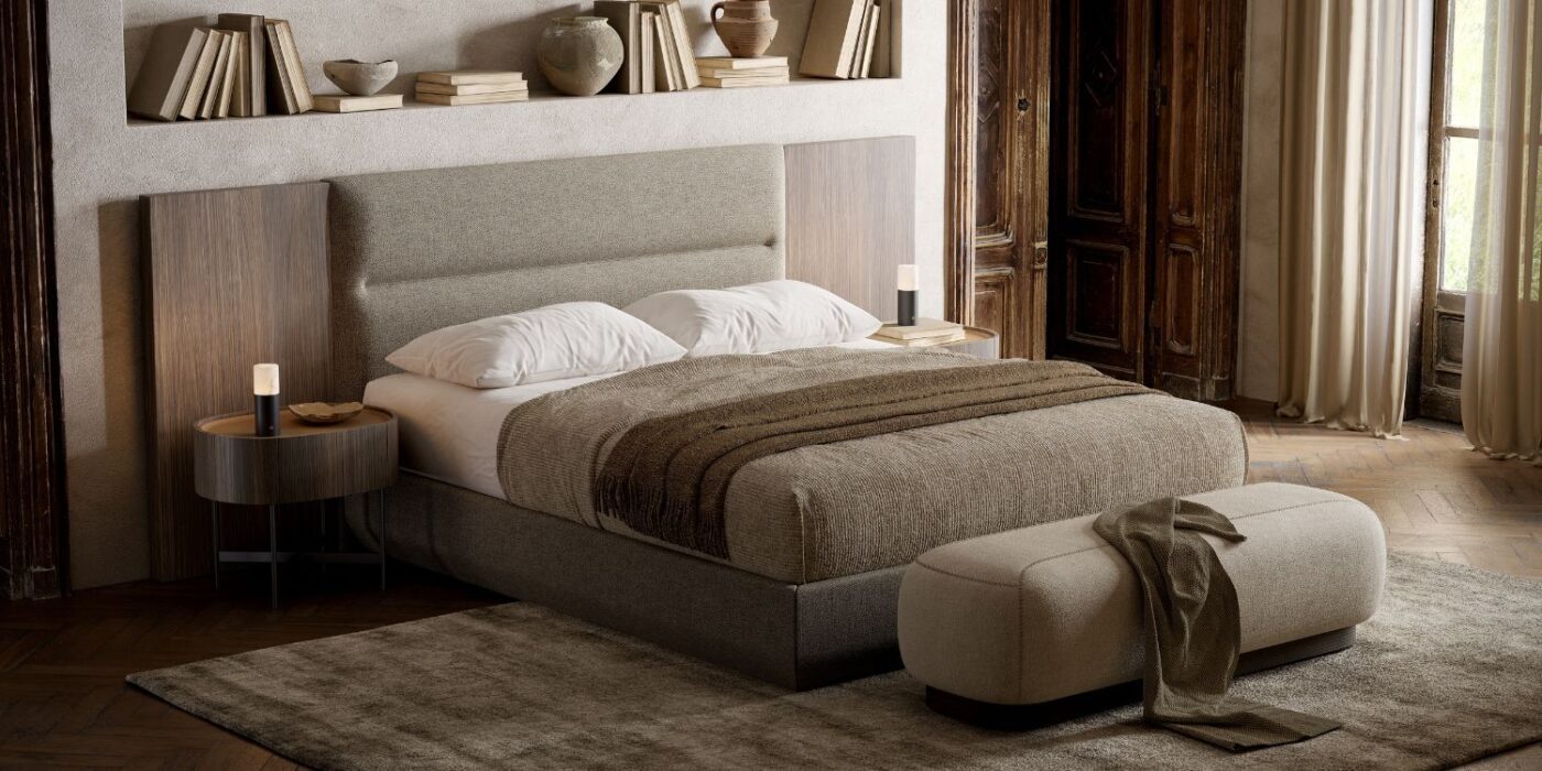 Blog Featured Image (39) A comfortable modular bed with an upholstered headboard with wooden panels and bench, placed in a charming bedroom setting.