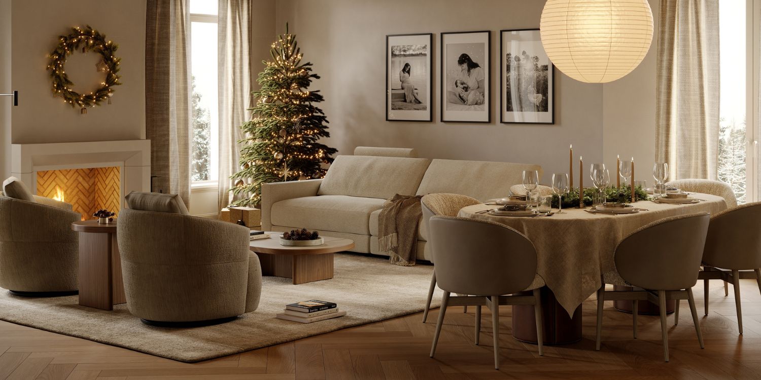 A festive living room showcasing a Christmas tree and a table, adorned with seasonal decorations, evoking holiday cheer. Unbox the Spirit of the Season with Domkapa