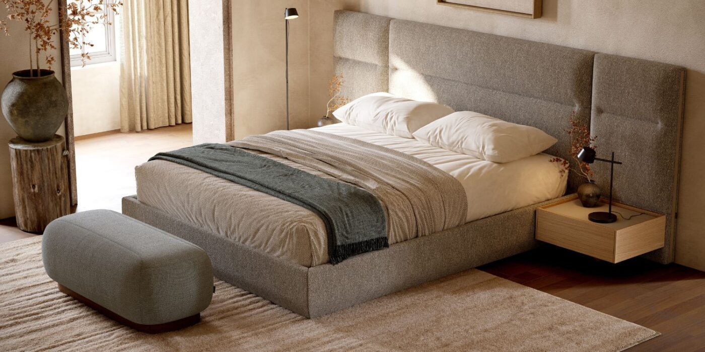 Blog Featured Image (40) A contemporary modular bed with a sleek upholstered headboard and a bench, perfect for adding comfort and style to any bedroom.
