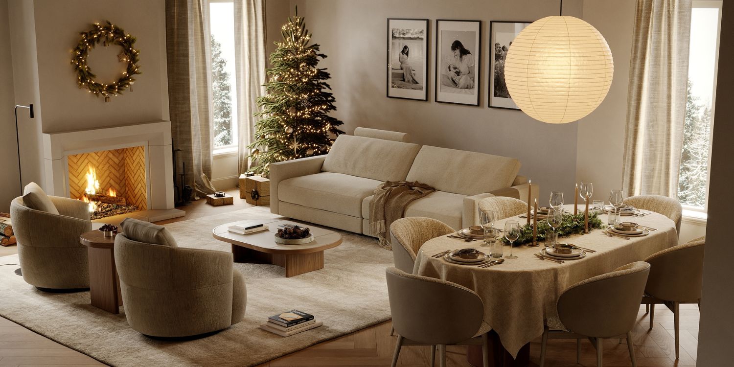 christmas decor in a living room and dining room by Domkapa. In neutral and brown tones.