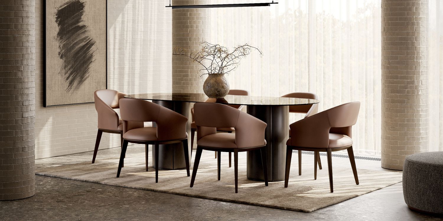 A contemporary dining room n mocha mousse tones featuring a round table surrounded by stylish chairs, creating an inviting atmosphere.