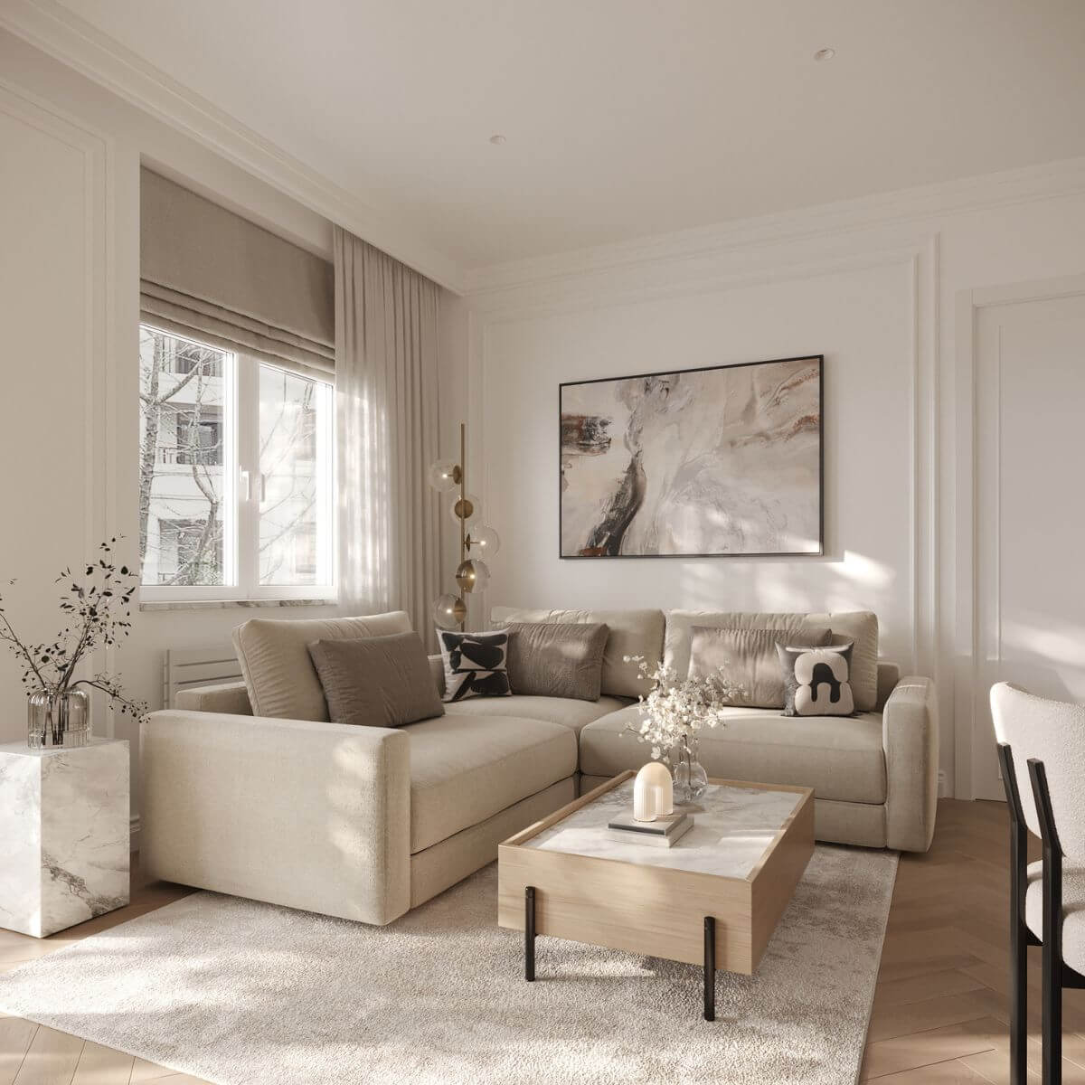 Blog - Imagem quadrada A bright living room showcasing a white modular sofa paired with a contemporary coffee table.