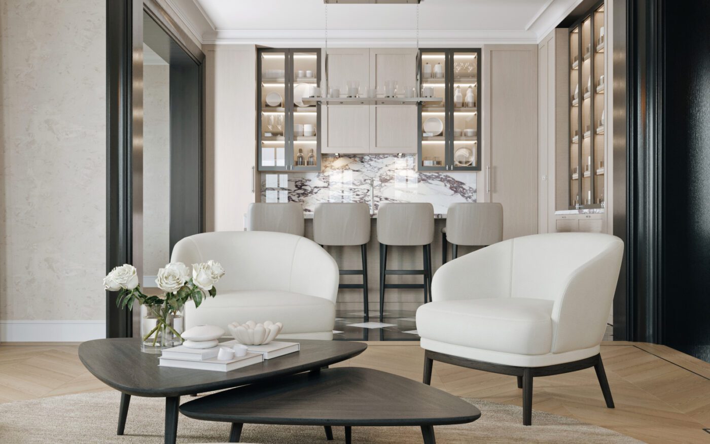 CasaOradea_Living_by lorena todor A bright social space showcasing two white armchairs beside a coffee table with a kitchen behind.