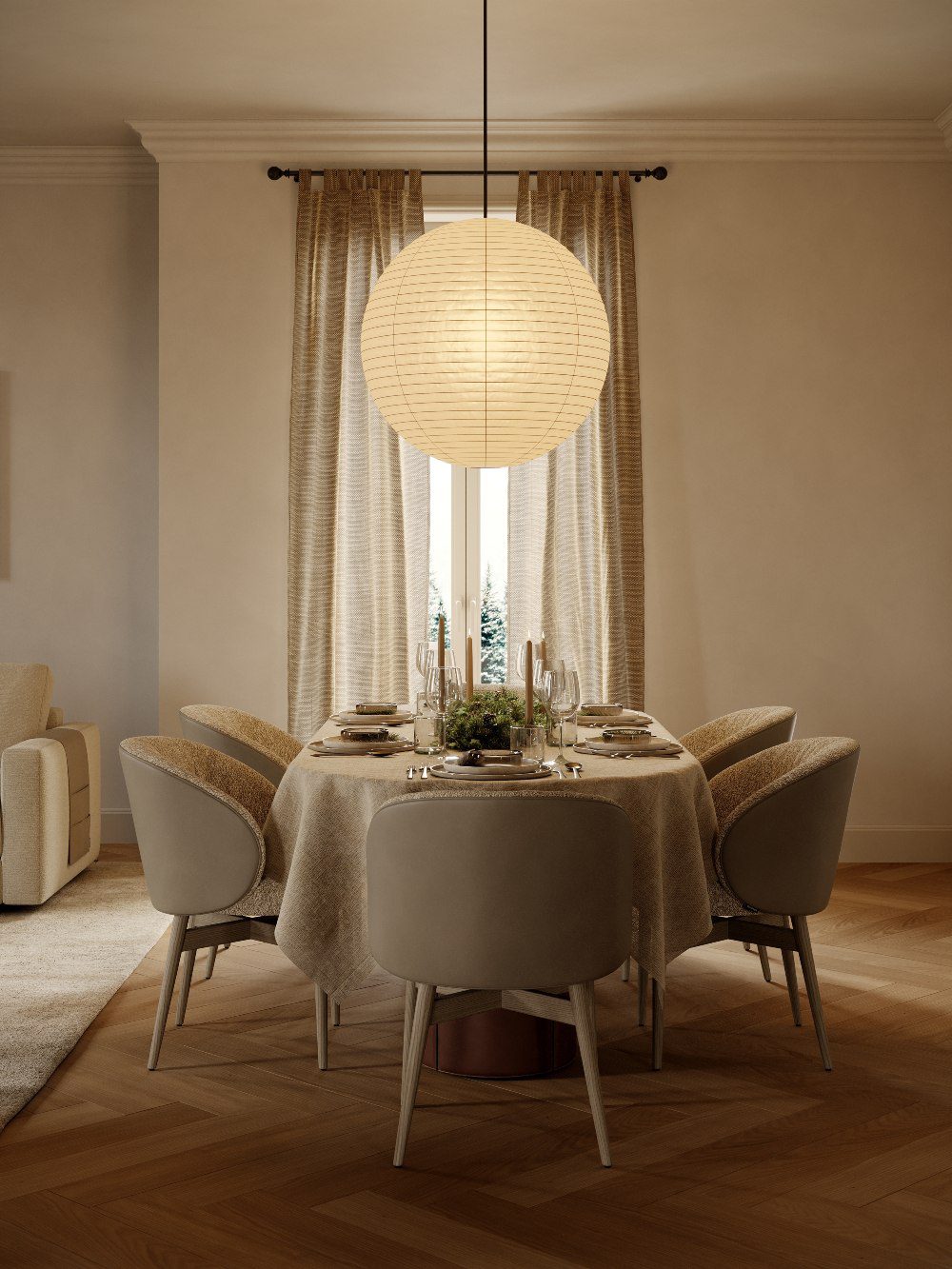 Christmas Dining room by Domkapa Dining room in neutral tones and brown hues. With dining chairs upholtered in leather and fabric, while the dining table is upholstered in leather. On top of the dining table is the christmas decor with candles and plates.