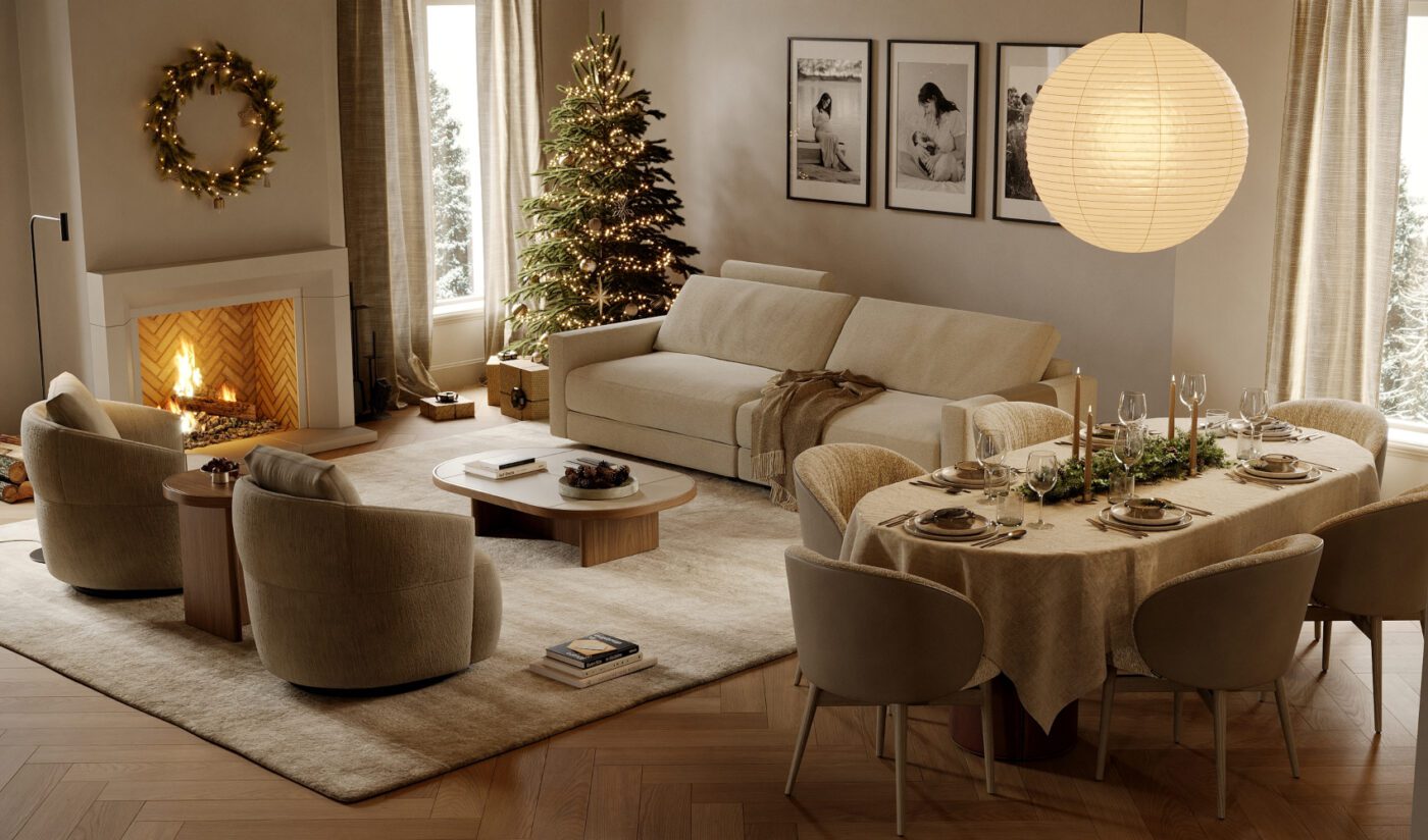 Christmas Living Room by Domkapa A festive living room showcasing a Christmas tree and a table, adorned with seasonal decorations, evoking holiday cheer. Unbox the Spirit of the Season with Domkapa