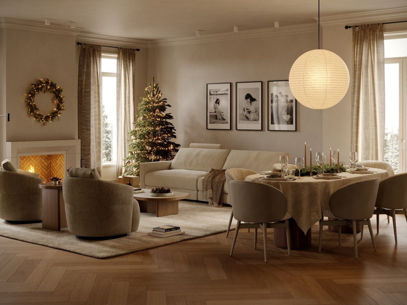 Christmas decor at Domkapa A festive living room showcasing a Christmas tree adorned with ornaments next to a crackling fireplace. Christmas home decor in a space decorated by Domkapa.