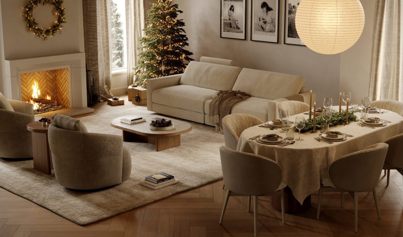 Christmas living room by domkapa (1) A festive living room showcasing a Christmas tree and a table, adorned with seasonal decorations, evoking holiday cheer. Unbox the Spirit of the Season with Domkapa