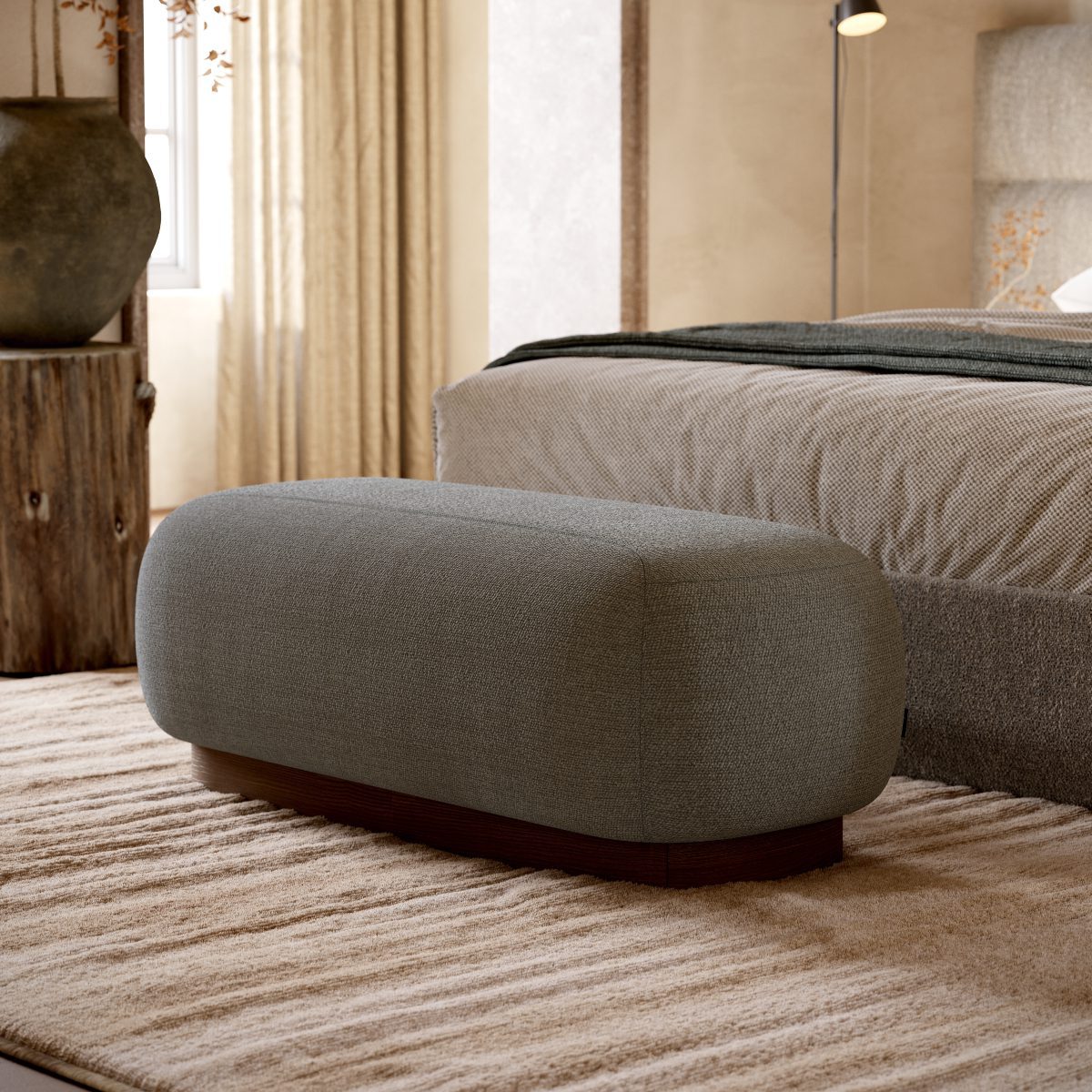 Claire Bench A stylish bed with a spacious Claire Bench positioned in the middle, enhancing the room's comfort and design.