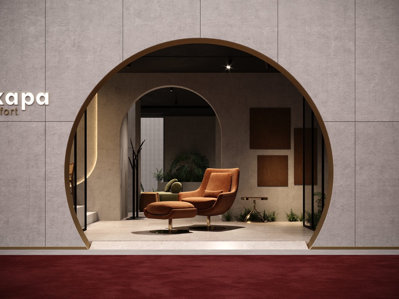 DK STAND - M&O 2020 (1) An inviting room with an armchair next to a window. Domkapa's stand at maison et objet.