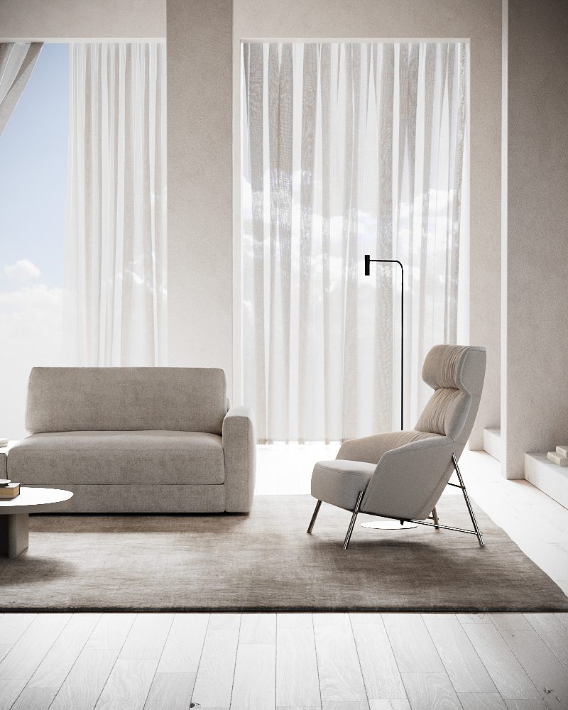 DK25 - PANTONE 2026 - 03 - V A modern living room showcasing a sofa, an armchair, a coffee table, and a soft rug underfoot. Colours: PANTONE 11-4201 Cloud Dancer, an ethereal white hue.