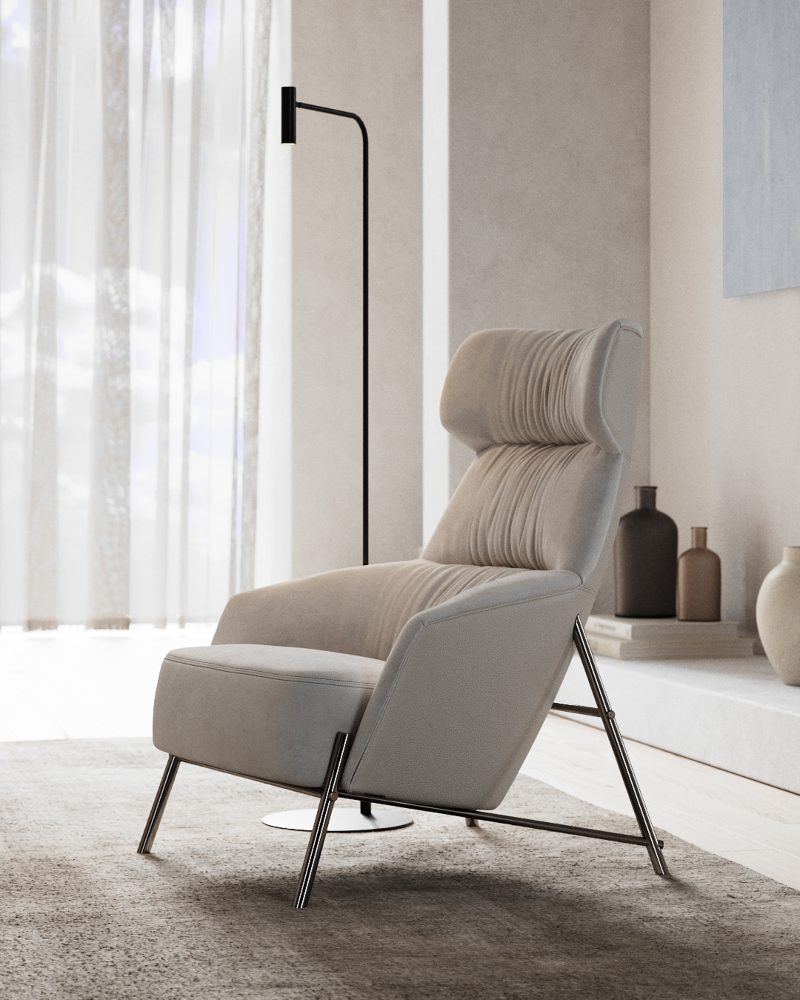 DK25 - PANTONE 2026 - 08 - V - light A modern armchair positioned in a stylish living room, accompanied by a sleek lamp providing warm lighting. In PANTONE 11-4201 Cloud Dancer, a billowy white imbued with a feeling of serenity as the Pantone Color of the Year selection for 2026.