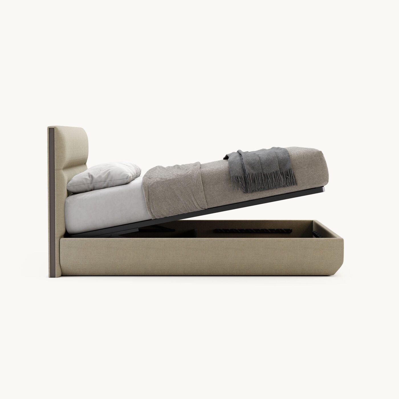 DK25.D - FRANCIS 1600 OPEN - 01 - Provence Toffee + Rupert Elephant - 03jpg_CREME Francis modular bed with a base that comes with a lift-up storage option.