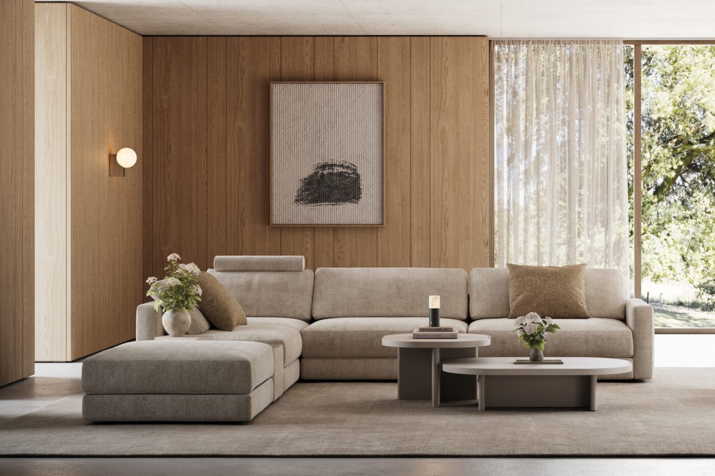 Contemporary living room with a beige sectional sofa, wooden panel walls, minimal artwork, round tables with vases, soft lighting, and large window. Interior design trends for spring 2026