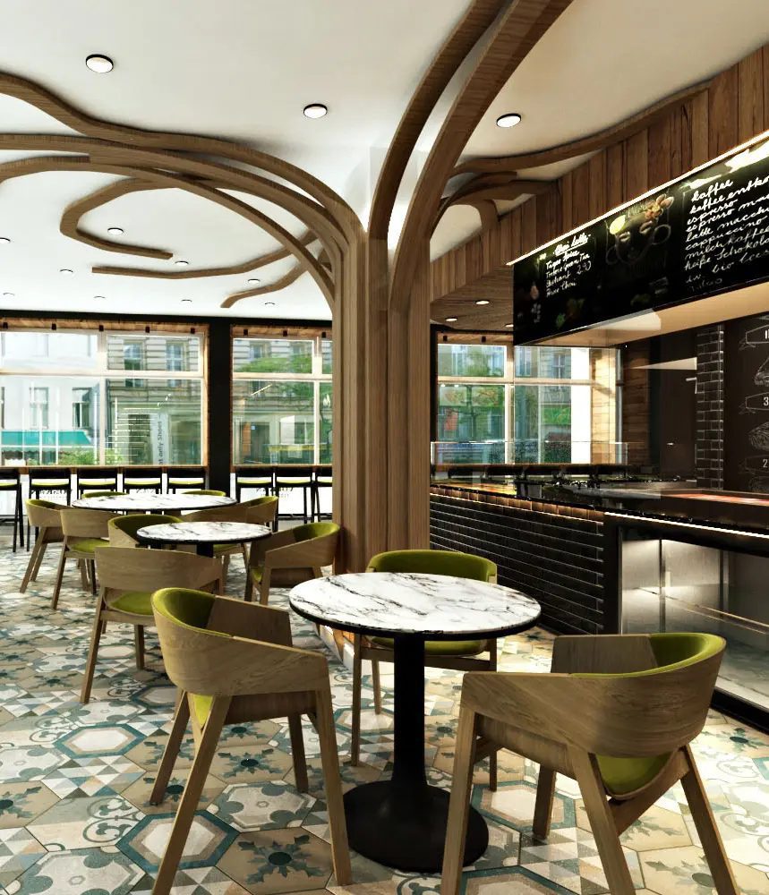 Design4Room project restaurant with round dining tables in white marble and wood dining chairs in green fabric. The floor is in tiles with green patterns.