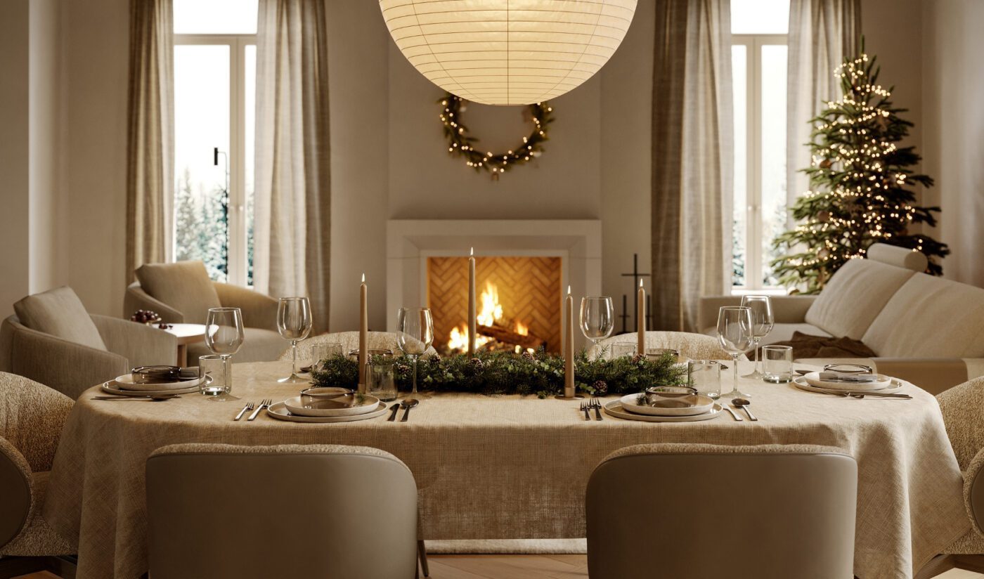 Dining room for Christmas by Domkapa A festive dining room with a warm fireplace and a table elegantly arranged for Christmas dinner.