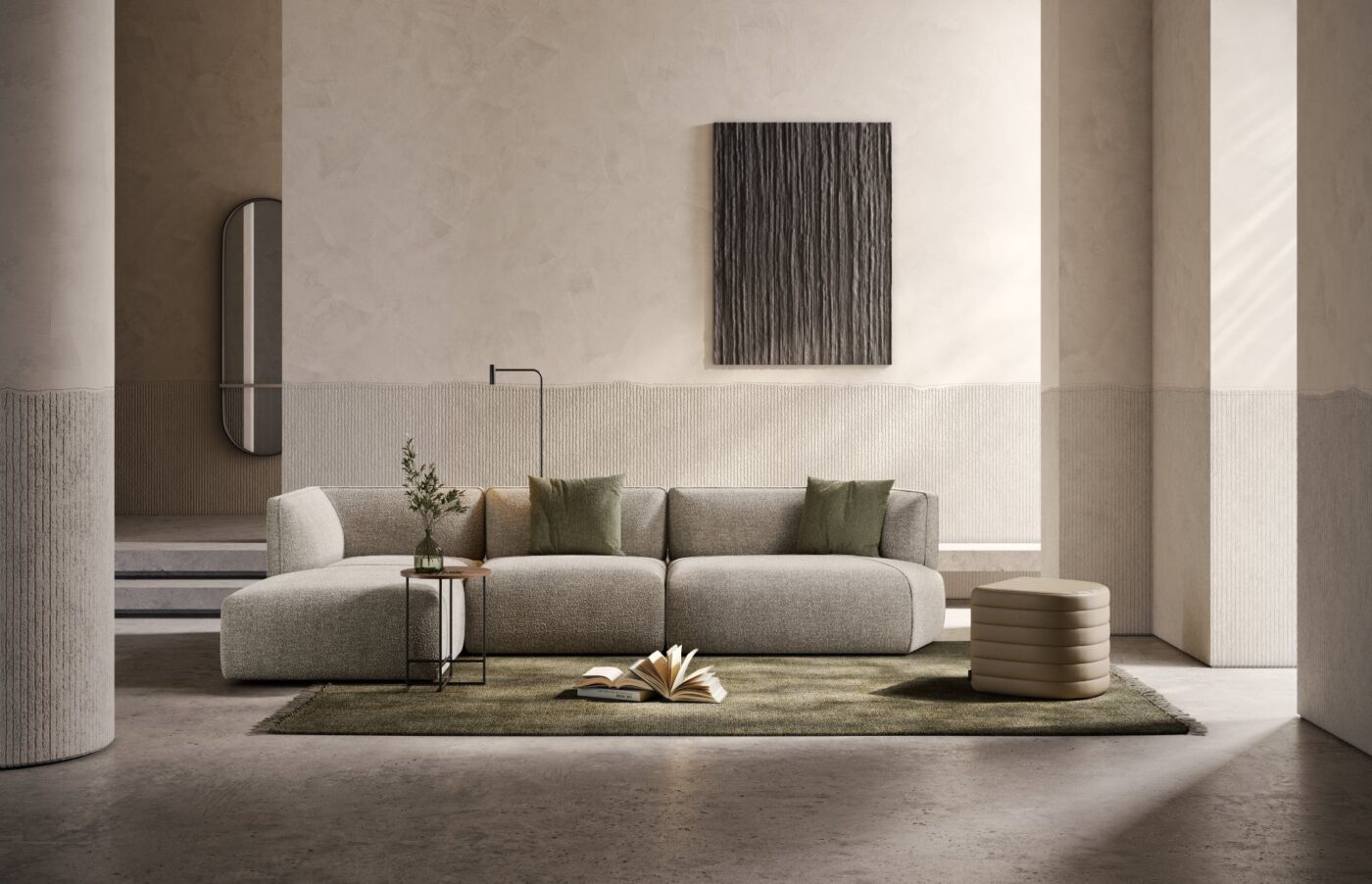 Disruption Sofa & Zigzag Pouf Living room with Wabi-Sabi Design. In earth tones, with a sofa with three modules and a pouf. It also has a side table in steel.