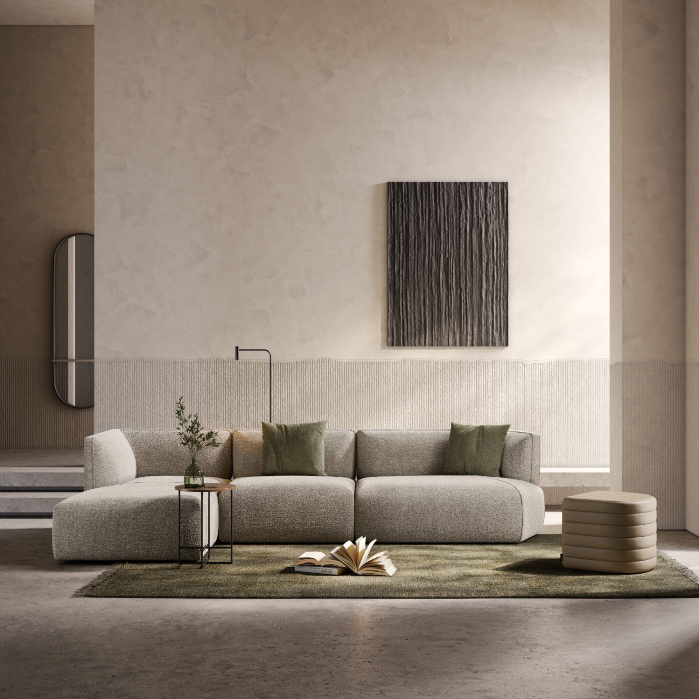 Disruption Sofa and The Bagua A contemporary living room featuring a stylish sofa, a sleek coffee table, and a cosy rug on the floor. The feng shui philosophy was used on the position of the furniture, colours and nature elements.
