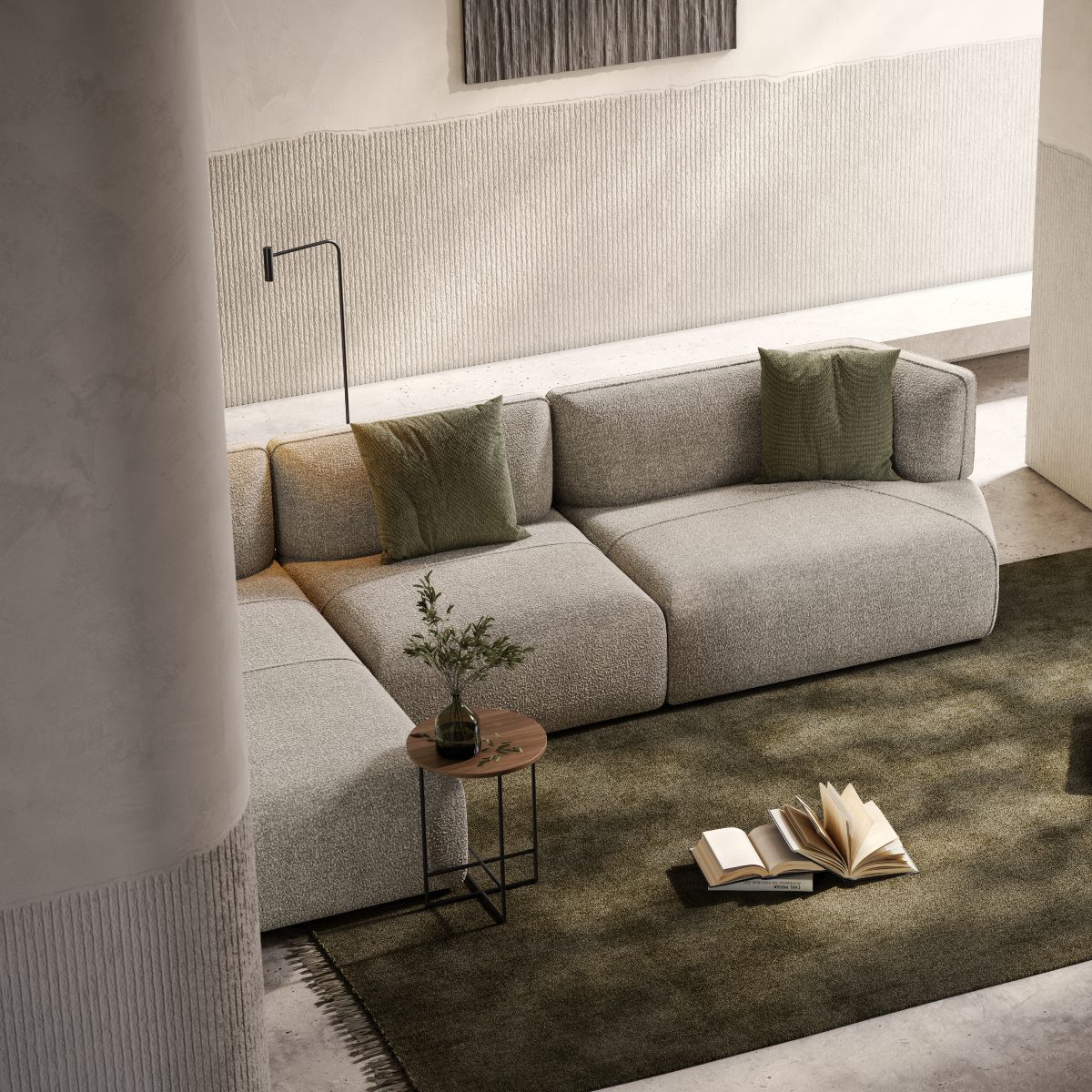 Disruption modular sofa and Inside side table Bright modern living room with 70s colour trends. With a modular sofa in green tones and a contemporary coffee table in dark wood, creating a welcoming atmosphere. The rug is in dar green.