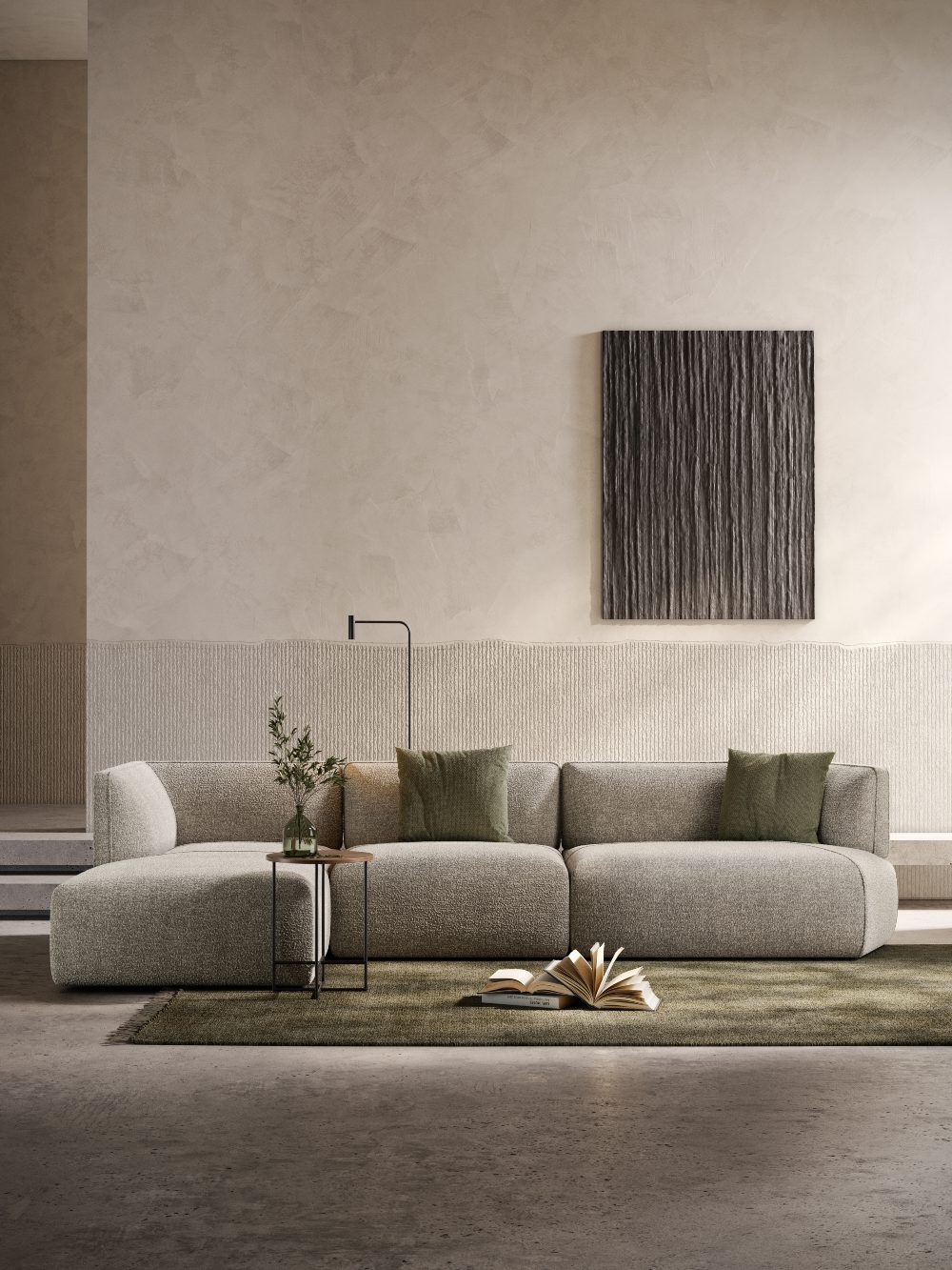 Disruption sofa and inside table set A stylish living room with a generous modular sofa, modern decor elements and a warm, inviting atmosphere. In earthy tones with a pop of olive green on the rug and pillows.