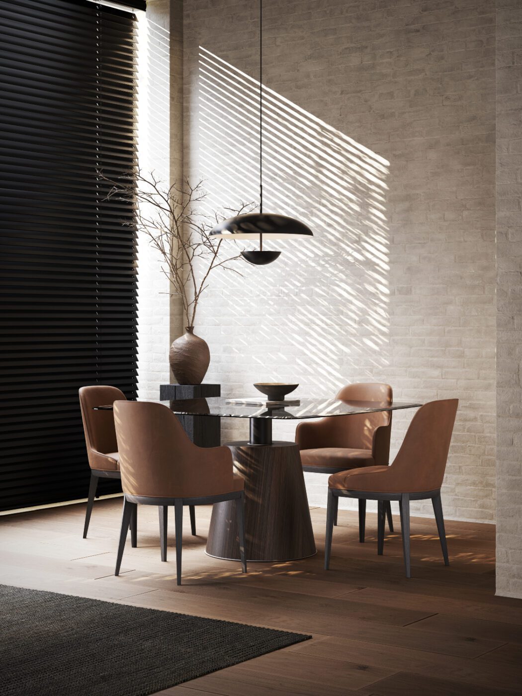 Domkapa dining room - lagom A dining room featuring a wooden table surrounded by elegant chairs in terracotta leather, creating a warm and inviting atmosphere.
