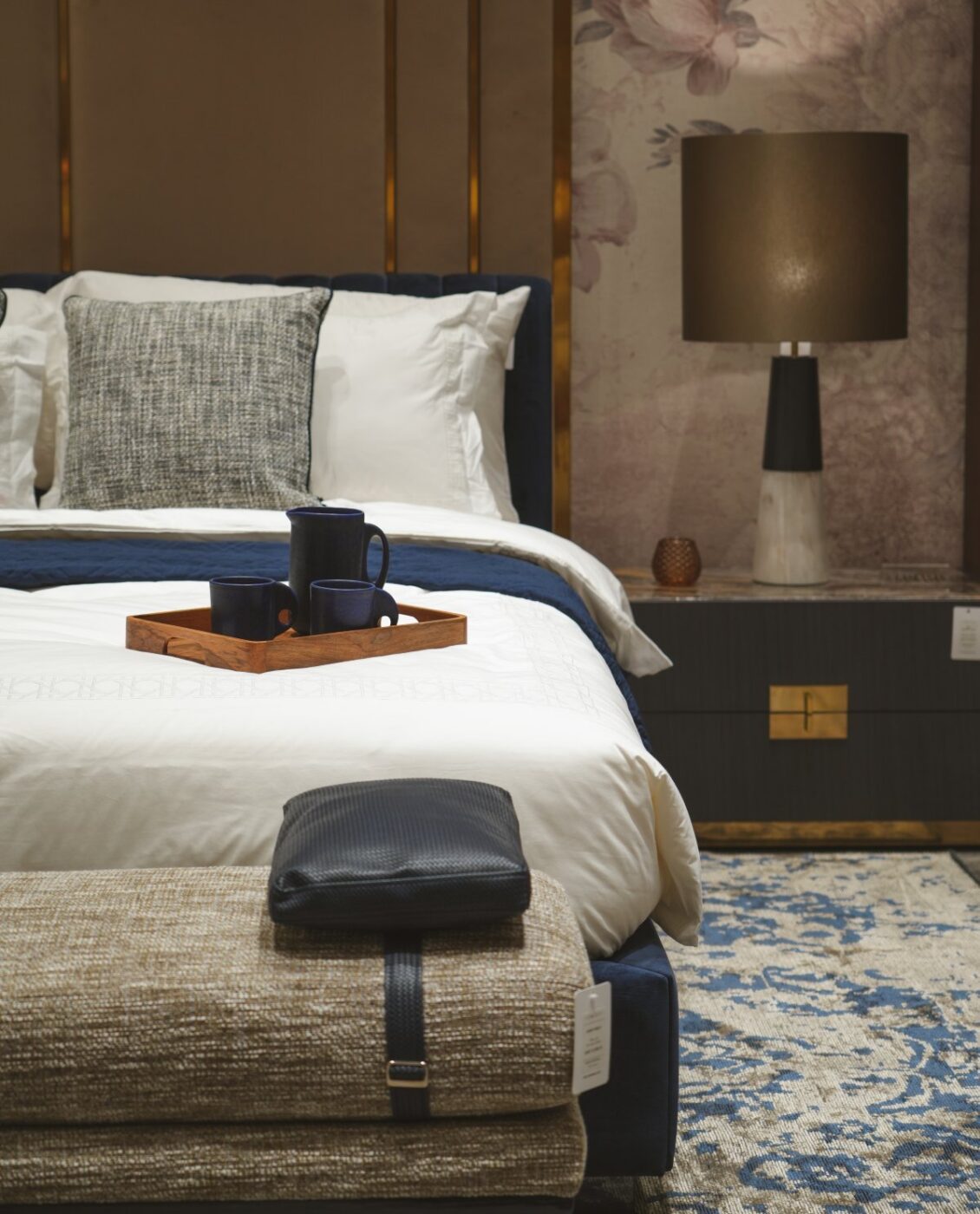 Domkapa in Qatar - Laskasas + Le Mirage Fitout Showroom (6) bedroom set with henry bench and cleo mirror by domkapa with blue and neutral tones. At laskasas x le mirage fitout showroom in qatar