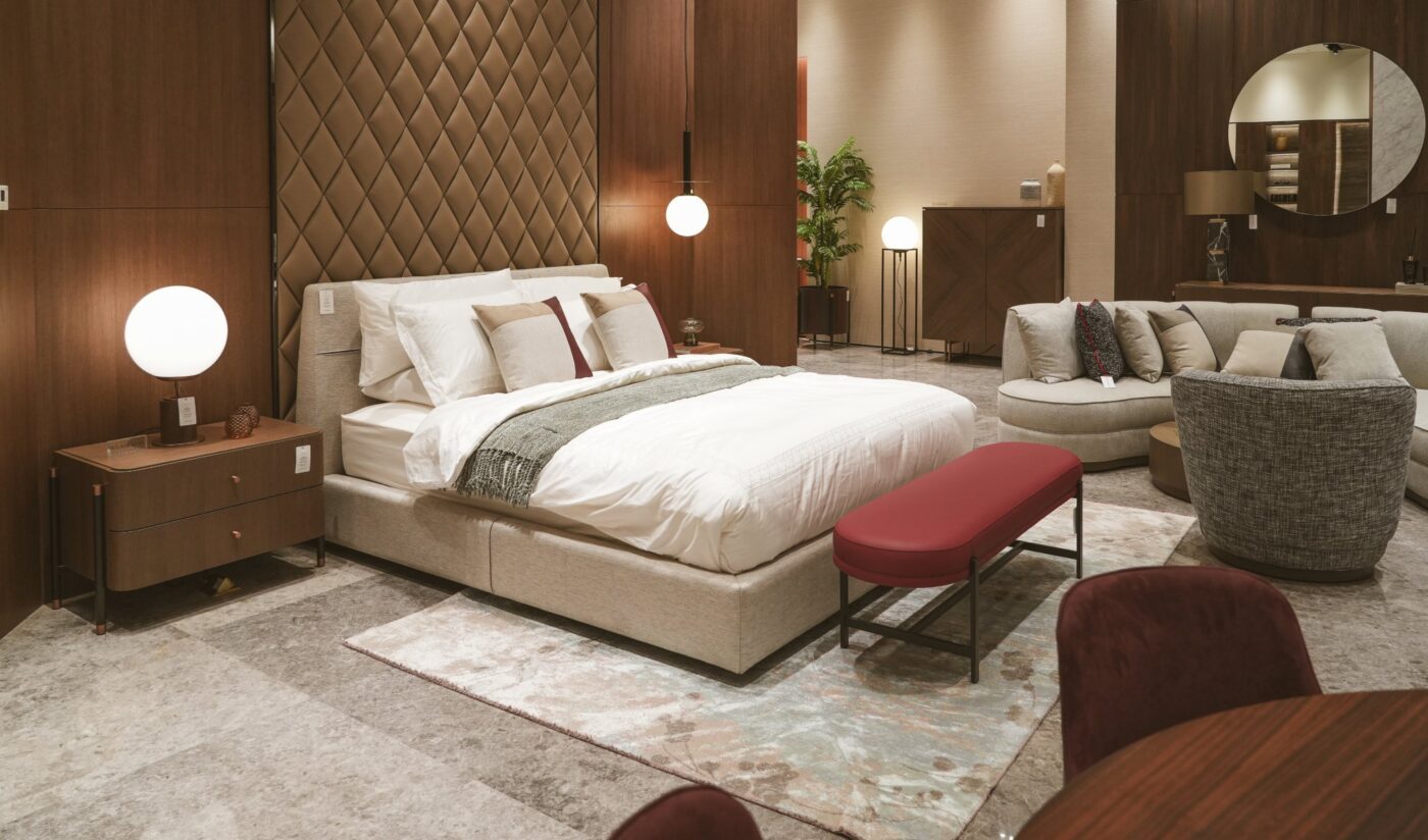 Domkapa in Qatar - Laskasas x Le Mirage Fitout (1) Domkapa bedroom set at the Qatar showroom with Shelby Bed and Colbert Bench in red.